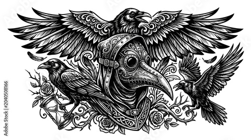Black and white illustration of birds with plague doctor mask.