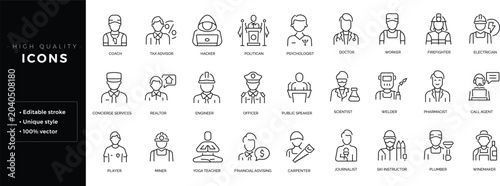 Set of outline icons related to professions. Editable stroke. Linear icon.