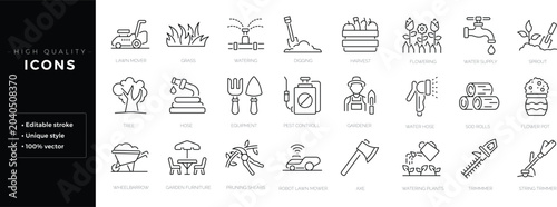 Tableau sur toile Set of outline icons related to gardening, landscaping, farming