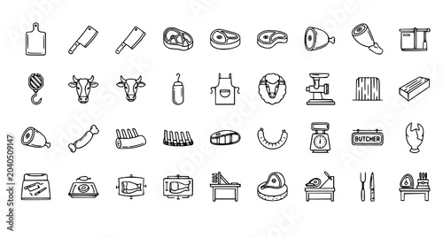 Foto 50 Butcher Outline Icons Set Thin Line Meat Cutting Tools Livestock and Beef Vec