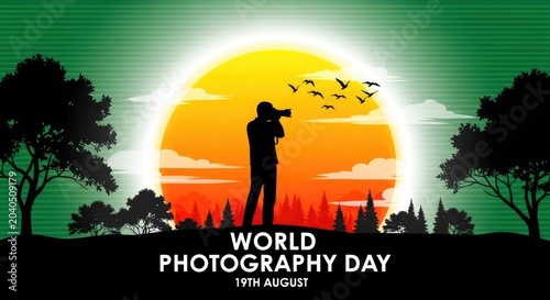 World photography day illustration photographer silhouette with sunset and forest landscape