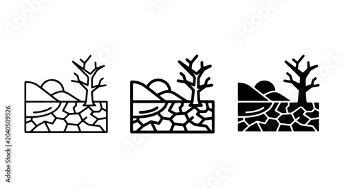 Fotografía Drought Landscape Icons: Arid Earth, Cracked Soil, Dead Tree, Environmental Cris