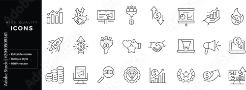 Foto Set of line icons related to sales and marketing