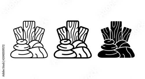 Canvas Print Zen Stones and Wood Elements, Stacked Rocks, Natural Harmony Icons, Serene Balan