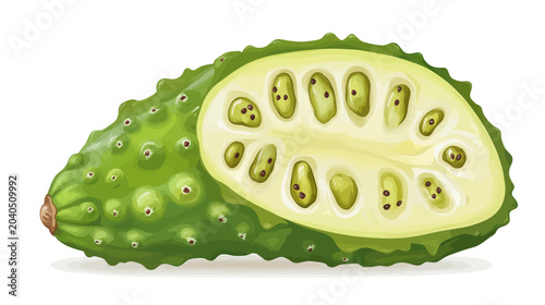 Half lychee fruit illustration showing green spiky exterior and creamy pale-green interior with seeds. Minimalist style on white background