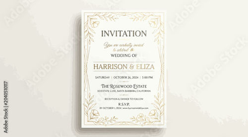 Elegant wedding invitation card template with gold floral frame