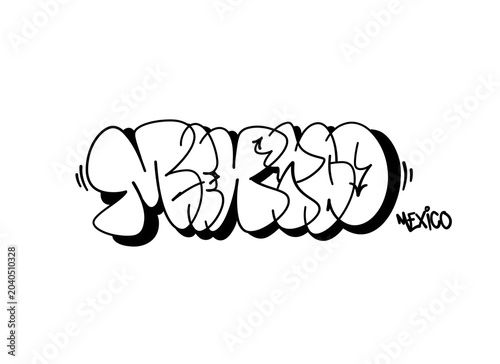textured graffiti throw up bubble style letter MEXICO city name isolated design in black and white