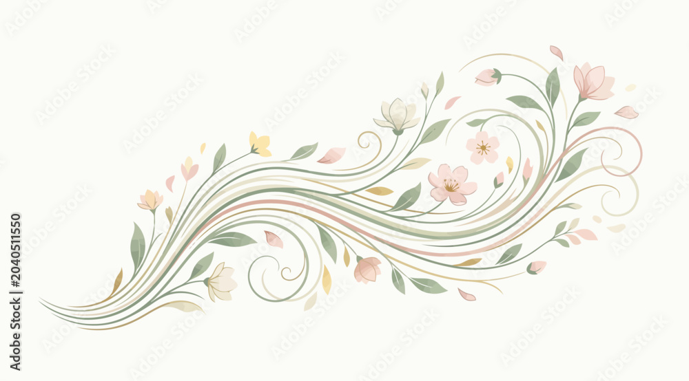 Fototapeta premium Elegant floral swirl illustration with soft pastel flowers and leaves, delicate botanical design element