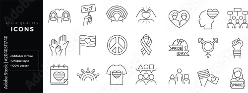 Tableau sur toile Set of line icons related to pride month, pride parade, lgbt, diversity inclusion, diversity