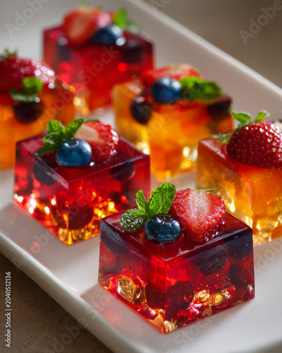 Close up of colorful fruit jellies molded into square shapes topped with fresh strawberries, blueberries, and mint leaves, beautifully arranged