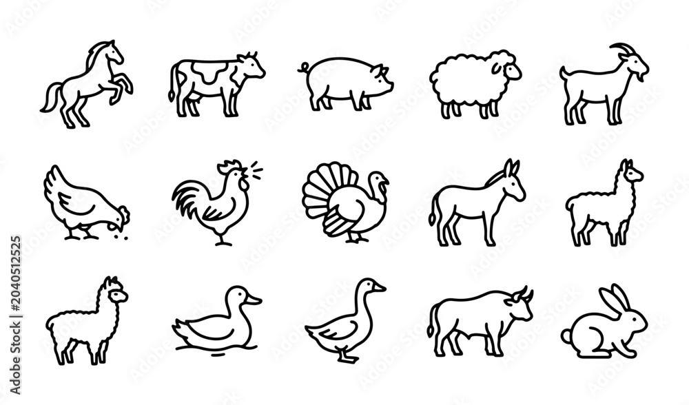 Fototapeta premium Farm Animals Vector Icons Set: Livestock, Poultry, Pets, Barnyard Creatures Collection