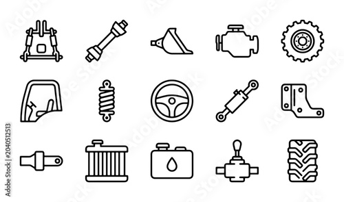 Schilderij op canvas Tractor Parts Icons, Agricultural Machinery Components, Vehicle Mechanics Vector