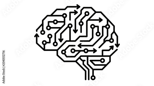 Artificial Intelligence Brain Concept with Circuit Board Pattern and Data Flow Arrows Vector Illustration