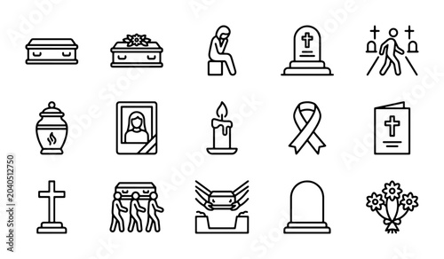 Foto Funeral Icons Set: Grief, Mourning, Remembrance, and Burial Vector Graphics Coll