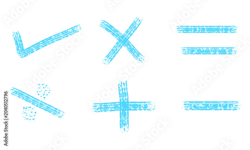 A set of blue checkmark and cross symbols isolated on transparent background with various styles and textures
