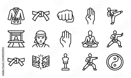 Fotografía Martial Arts Icons Set, Karate Combat Sports Symbols, Dojo Training Vector Graph