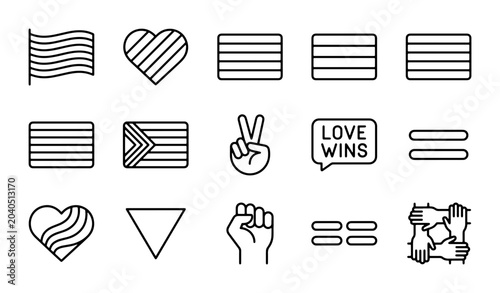Bild auf Leinwand LGBTQ+ Pride Icons Set: Rainbow Flags, Hearts, Equality Symbols, Love Wins, Dive