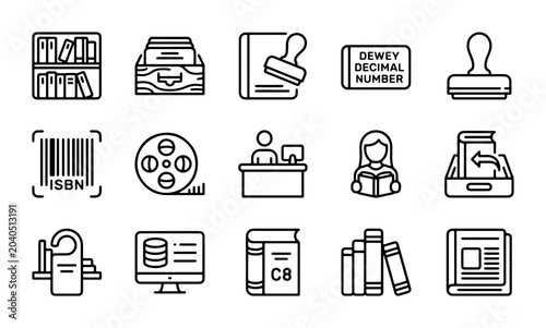 Tableau sur toile Library Icons Set: Book Shelves, Dewey Decimal, Barcode, Reading, Cataloging Vec