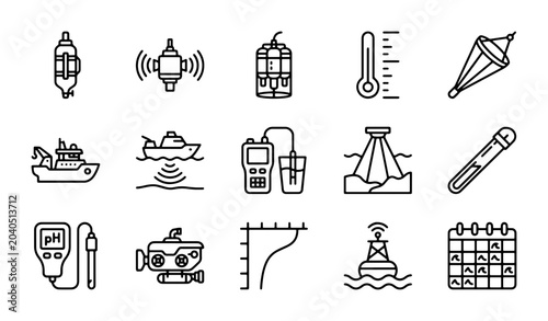 Photos Oceanography Icons Set: Marine Research, Water Quality Testing, Buoys, Submersib