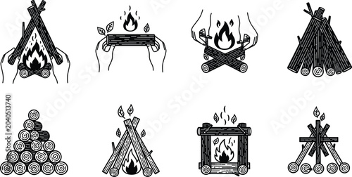 Obraz na płótnie Campfire and Firewood Sketch Vector Set Featuring Bonfires, Log Piles, and Hands