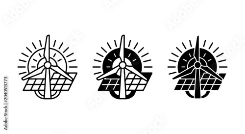 Bild auf Leinwand Renewable Energy Icons: Wind Turbine, Solar Panel, Sun Symbols