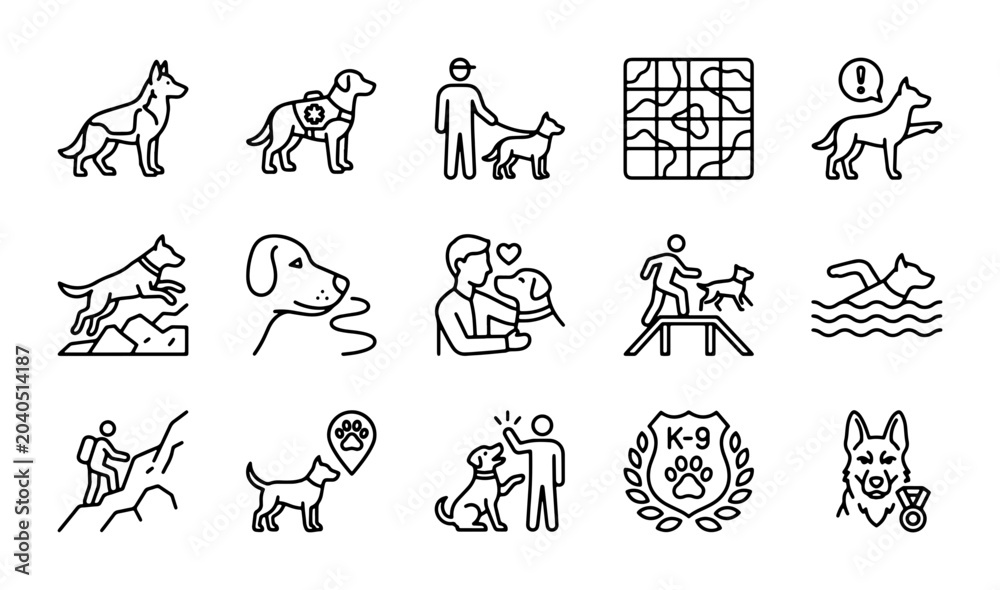 Fototapeta premium Dog Training Icons Set, Canine Behavior, Pet Care, K-9 Service, Animal Activity Vector Graphics