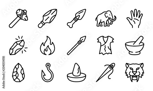 Bild auf Leinwand Prehistoric Stone Age Icons: Mammoth, Spear, Fire, Tools, Caveman Life Vector Se