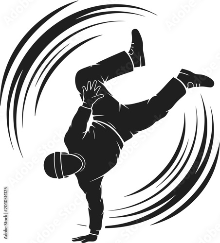 Energetic graphic illustration capturing a breakdancer's dynamic freeze move, symbolizing urban street culture, agility, and powerful artistic expression in a swirling silhouette