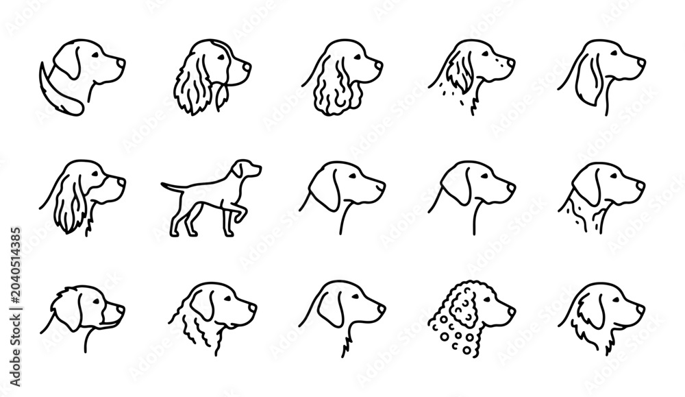 Obraz premium Minimalist Dog Breed Icons, Simple Outline Pet Portraits, Vector Set of Canine Silhouettes