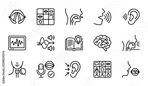 Bild auf Leinwand Speech Therapy Icons Set, Vocal Cord Anatomy, Audiology Symbols, Brain and Ear G