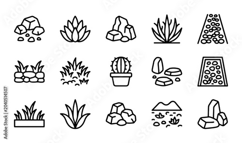 Desert Plants and Rocks Vector Icons Set, Cactus, Succulents, Stones, Gravel, Garden Elements