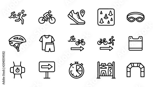 Triathlon Icons Set: Running, Cycling, Swimming, Gear, Race Elements, Vector Graphics