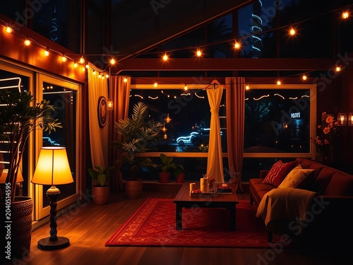 Cozy lighting creates a warm ambiance at night, patio, ||lighting