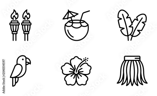 Tropical Icons Set: Tiki Torches, Coconut Drink, Parrot, Hibiscus, Hula Skirt, Palm Leaves