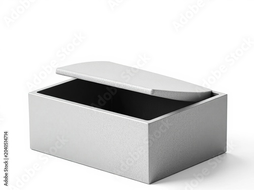 Gray textured box with raised lid against white background, industrial, box