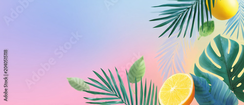 Gradient banner with tropical leaves, copy space.
