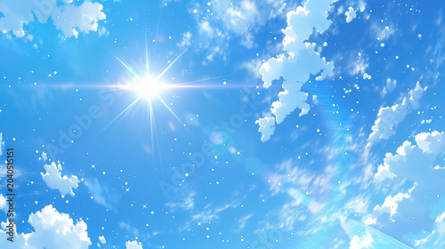 Bright blue sky with clouds and shining sun.