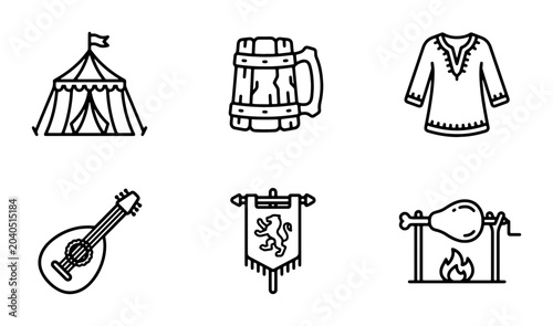 Foto Medieval Icons Set: Tent, Beer Mug, Tunic, Lute, Banner, Roast Chicken Vector Gr