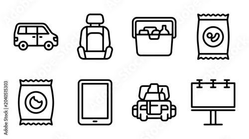 Road Trip Icons: Car, Seat, Cooler, Snacks, Tablet, Luggage, Billboard, Travel Vector Set