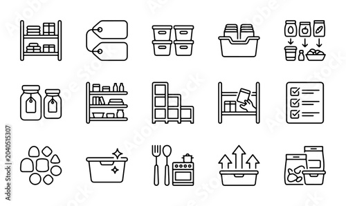 Konstfotografi Storage Icons Set, Organization Vector Graphics, Pantry Shelving & Container Lin