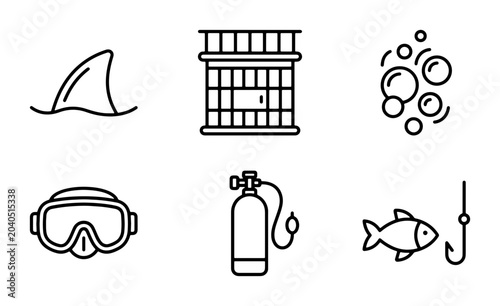Photography Ocean Life Icons: Shark Fin, Cage, Bubbles, Mask, Tank, Fishing Hook & Fish