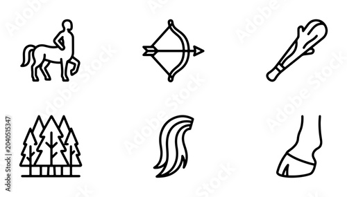 Mythical Centaur Icons, Ancient Bow and Arrow, Club, Forest, Horse Mane, Hoof Vector Set