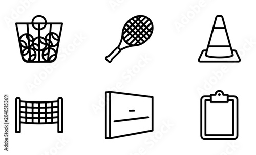 Tennis Equipment Icons, Sports Gear Vector Set, Training Tools, Court Accessories, Coaching Aids