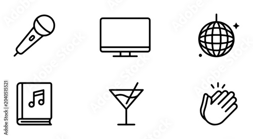 Bild auf Leinwand Entertainment Icons Set: Microphone, TV, Disco Ball, Music Book, Cocktail, Appla
