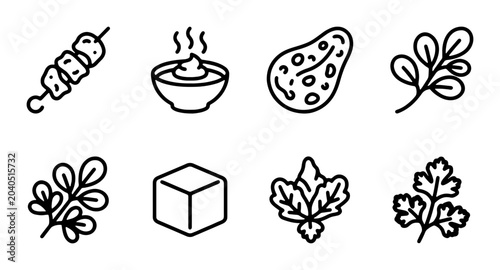 Tableau sur toile Food Icons Set: Skewered Meat, Dip Bowl, Avocado, Herbs, Cube, Leafy Greens, Cor