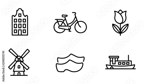Foto Dutch Icons Set: Windmill, Tulip, Bicycle, Clogs, Canal Boat, Gabled House Vecto