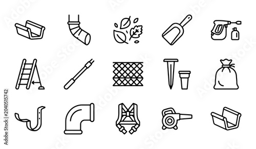Gutter Cleaning Tools Set, Leaf Removal Equipment, Home Maintenance Icons, Vector Graphics
