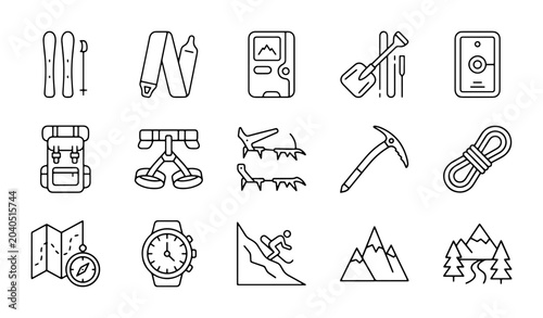 Schilderij op canvas Mountain Climbing Icons Set: Adventure Gear, Winter Sports, Outdoor Activities,