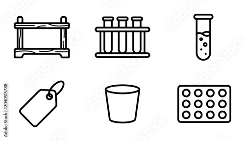 Science Lab Icons: Test Tubes, Beakers, Racks, Tags, Plates, Vector Graphics Set
