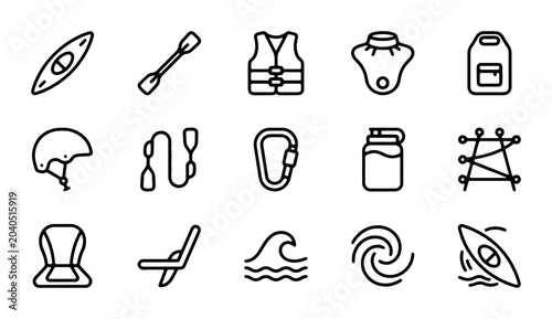 Fotografie Kayaking and Water Sports Icons Set: Adventure Gear, Safety Equipment, and Aquat